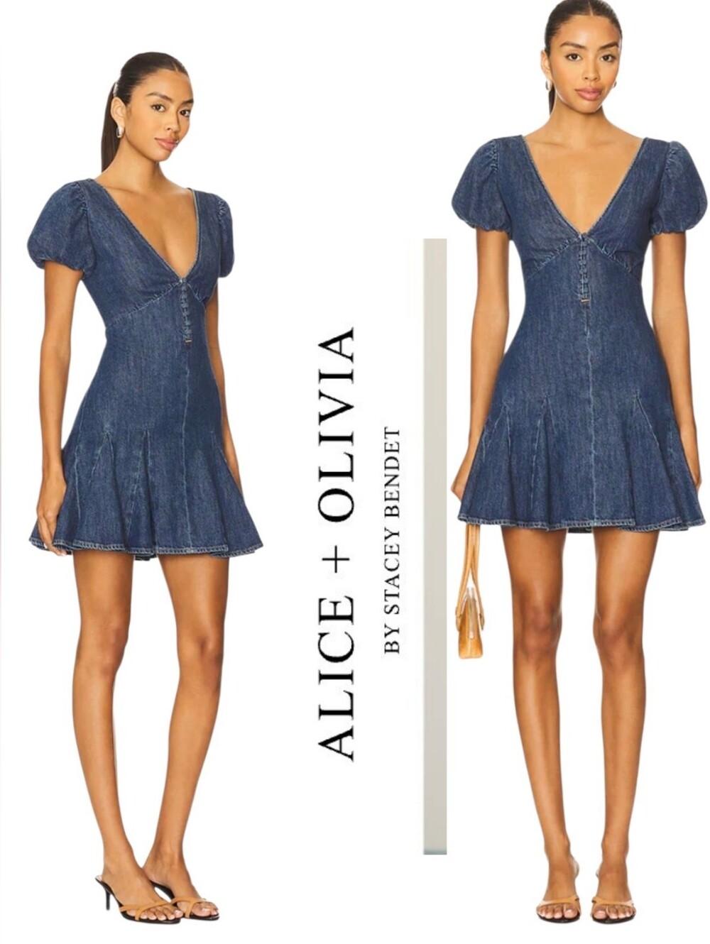 Alice + Olivia Fara Puff Sleeve Denim Mini Dress Cambria Vintage  $495 Sz 8